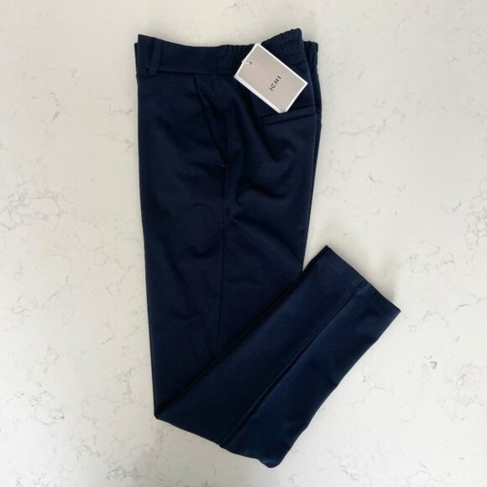 ICHI IX KATE Designed in Denmark Poly Blend Slim Straight Leg Pants Navy XS NWT